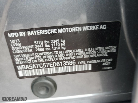 2014 BMW 5 Series 528i xDrive with VIN WBA5A7C57ED613586, listed as a Copart auction lot 51403475 with 95,709 mi miles and Salvage Title. Bid and sale history available at carsss.com. Image 13.