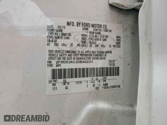 2013 Ford Edge Limited with VIN 2FMDK3KC3DBA02331, listed as a Copart auction lot 47284345 with 145,902 mi miles and Salvage Title. Bid and sale history available at carsss.com. Image 14.
