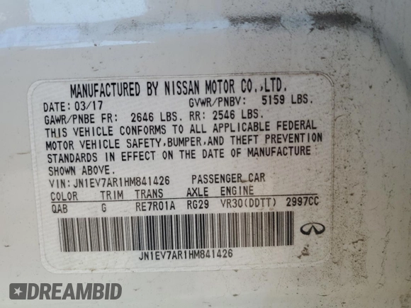 2017 Infiniti Q50 3.0t Signature Edition with VIN JN1EV7AR1HM841426, listed as a Copart auction lot 48706995 with 50,125 mi miles and Salvage Title. Bid and sale history available at carsss.com. Image 14.