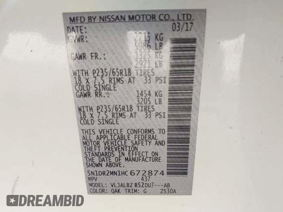 2017 Nissan Pathfinder S with VIN 5N1DR2MN1HC672874, listed as a IAAI auction lot 41828458 with 138,490 mi miles. Bid and sale history available at carsss.com. Image 9.