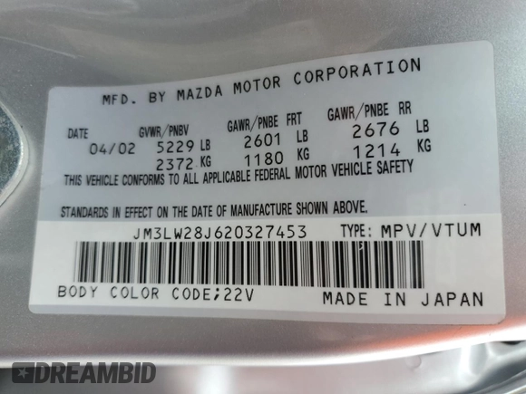 2002 Mazda MPV LX z VIN JM3LW28J620327453, wystawiony jako Copart lot #56761255 z przebiegiem 186 479 mil mil oraz Szkoda całkowita • Salvage title. Historia ofert i sprzedaży dostępna na DreamBid. Obrazek 13.