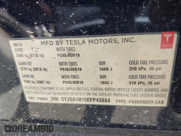 2014 Tesla Model S 60 with VIN 5YJSA1H15EFP43884, listed as a IAAI auction lot 41993180 with 78,305 mi miles and . Bid and sale history available at DreamBid. Image 9.