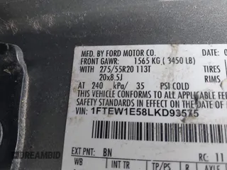 2020 Ford F-150 XL with VIN 1FTEW1E58LKD93575, listed as a IAAI auction lot 42067846 with 65,686 mi miles. Bid and sale history available at carsss.com. Image 9.