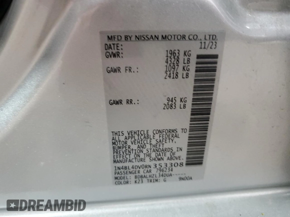 2024 Nissan Altima 2.5 SV with VIN 1N4BL4DV0RN353308, listed as a Copart auction lot 52000595 with 31,929 mi miles and Non Repairable. Bid and sale history available at carsss.com. Image 13.