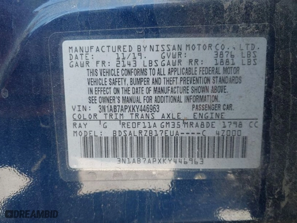 2019 Nissan Sentra S with VIN 3N1AB7APXKY446963, listed as a IAAI auction lot 40621581 with NaN miles. Bid and sale history available at carsss.com. Image 9.