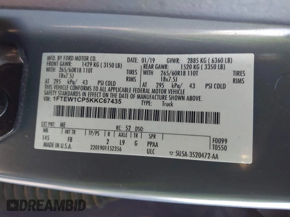 2019 Ford F-150 XL with VIN 1FTEW1CP5KKC67435, listed as a IAAI auction lot 41143282 with 134,419 mi miles and . Bid and sale history available at DreamBid. Image 9.