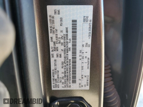2017 Ford F-150 XL with VIN 1FTEW1EP9HKE16709, listed as a Copart auction lot 66039295 with 95,713 mi miles and Salvage title. Bid and sale history available at DreamBid. Image 12.