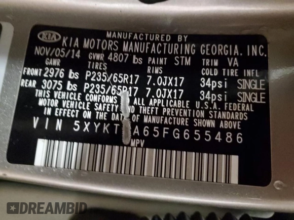 2015 Kia Sorento LX with VIN 5XYKT3A65FG655486, listed as a Copart auction lot 47469305 with Not Provided miles and Clean Title. Bid and sale history available at DreamBid. Image 14.