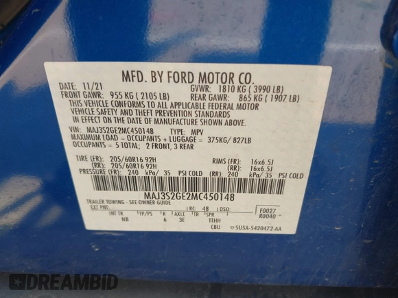 2021 Ford EcoSport SE with VIN MAJ3S2GE2MC450148, listed as a IAAI auction lot 39713048 with 30,115 mi miles and . Bid and sale history available at carsss.com. Image 9.