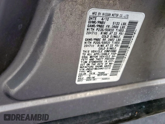 2010 Nissan Murano S with VIN JN8AZ1MU2AW012215, listed as a Copart auction lot 50788555 with 161,100 mi miles and Salvage Title. Bid and sale history available at carsss.com. Image 15.