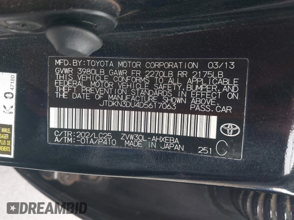 2013 Toyota Prius One with VIN JTDKN3DU4D5617063, listed as a IAAI auction lot 41461279 with 247,219 mi miles. Bid and sale history available at carsss.com. Image 9.