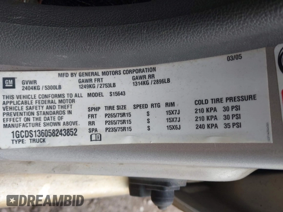 2005 Chevrolet Colorado 1SE LS Z71 with VIN 1GCDS136058243852, listed as a IAAI auction lot 42195131 with 174,805 mi miles and . Bid and sale history available at DreamBid. Image 9.