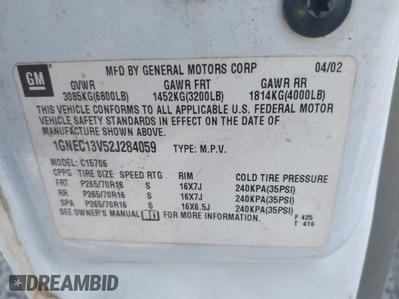 2002 Chevrolet Tahoe LS с VIN 1GNEC13V52J284059, выставлен на аукционе IAAI как лот 41899231 с пробегом 390 173 миль миль и . История ставок и продаж доступна на DreamBid. Изображение 9.