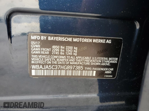 2017 BMW 5 Series 530i with VIN WBAJA5C37HG897385, listed as a Copart auction lot 57414135 with 65,221 mi miles and Salvage title. Bid and sale history available at DreamBid. Image 12.