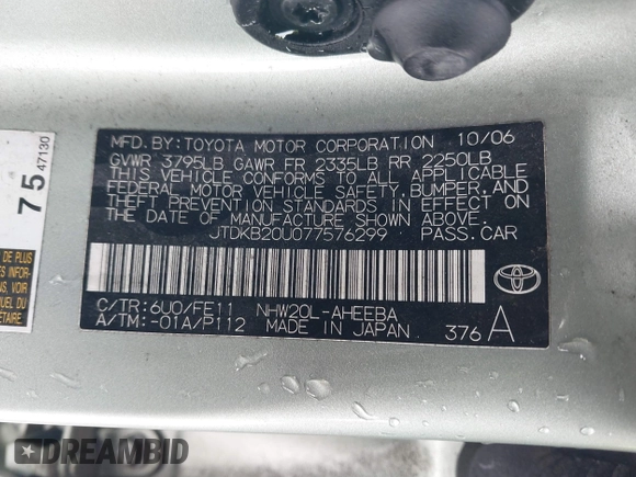2007 Toyota Prius with VIN JTDKB20U077576299, listed as a IAAI auction lot 41473419 with 247,242 mi miles. Bid and sale history available at carsss.com. Image 9.
