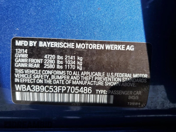 2015 BMW 3 Series 335i xDrive with VIN WBA3B9C53FP705486, listed as a Copart auction lot 57719445 with 76,148 mi miles and Salvage title. Bid and sale history available at DreamBid. Image 12.