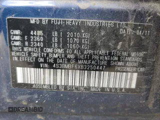 2011 Subaru Legacy Premium with VIN 4S3BMBF6XB3250447, listed as a Copart auction lot 51492055 with 225,571 mi miles and Salvage title. Bid and sale history available at DreamBid. Image 12.