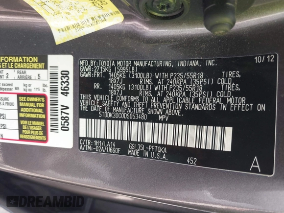 2013 Toyota Sienna XLE with VIN 5TDDK3DC0DS053480, listed as a IAAI auction lot 42207803 with Not Provided miles and . Bid and sale history available at DreamBid. Image 9.