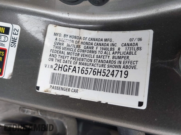 2006 Honda Civic LX with VIN 2HGFA16576H524719, listed as a IAAI auction lot 40291305 with 227,761 mi miles and . Bid and sale history available at DreamBid. Image 9.