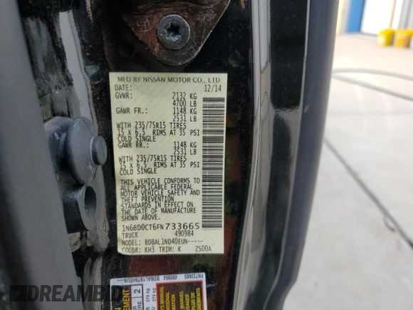 2015 Nissan Frontier S with VIN 1N6BD0CT6FN733665, listed as a Copart auction lot 52533715 with 42,318 mi miles and Salvage title. Bid and sale history available at DreamBid. Image 12.