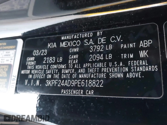 2023 Kia Forte LXS with VIN 3KPF24AD9PE618822, listed as a IAAI auction lot 41296769 with 31,699 mi miles. Bid and sale history available at carsss.com. Image 9.