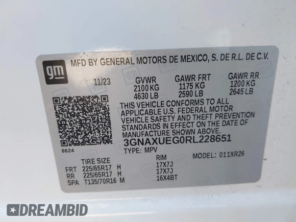 2024 Chevrolet Equinox LT with VIN 3GNAXUEG0RL228651, listed as a IAAI auction lot 42072853 with 20,258 mi miles. Bid and sale history available at carsss.com. Image 9.