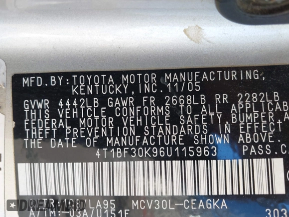 2006 Toyota Camry LE z VIN 4T1BF30K96U115963, wystawiony jako IAAI lot #41616833 z przebiegiem 237 404 mil mil oraz . Historia ofert i sprzedaży dostępna na DreamBid. Obrazek 9.