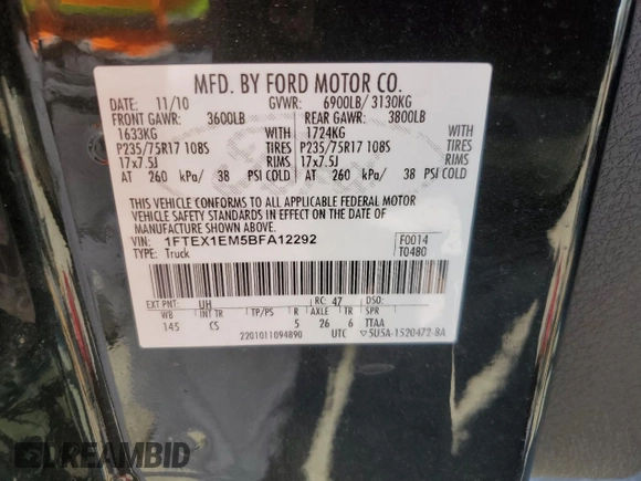 2011 Ford F-150 XL with VIN 1FTEX1EM5BFA12292, listed as a Copart auction lot 50152755 with 155,352 mi miles and Salvage title. Bid and sale history available at DreamBid. Image 12.