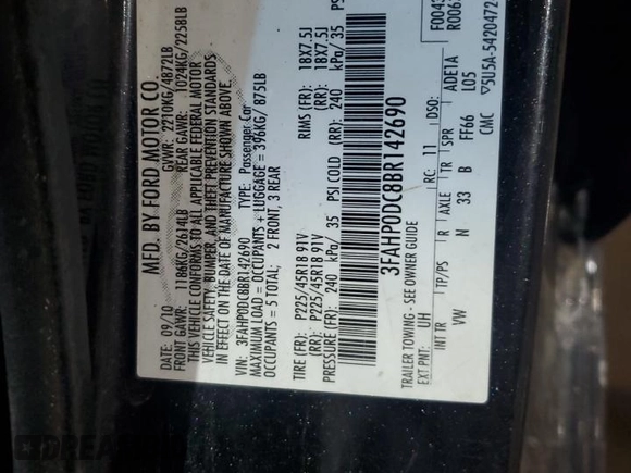2011 Ford Fusion SPORT with VIN 3FAHP0DC8BR142690, listed as a Copart auction lot 45490075 with 127,122 mi miles and Salvage Title. Bid and sale history available at carsss.com. Image 12.