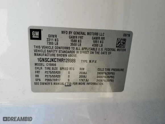 2017 Chevrolet Suburban Premier with VIN 1GNSCJKC7HR128988, listed as a Copart auction lot 73958784 with 121,662 mi miles and Salvage Title. Bid and sale history available at carsss.com. Image 14.