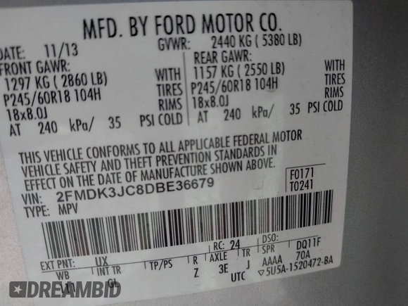 2013 Ford Edge SEL with VIN 2FMDK3JC8DBE36679, listed as a IAAI auction lot 41818519 with 106,619 mi miles. Bid and sale history available at carsss.com. Image 9.