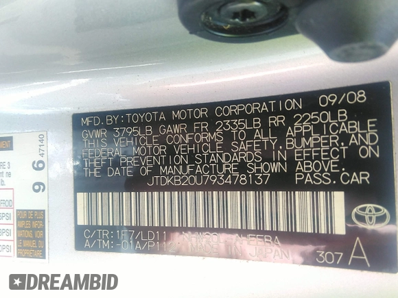 2009 Toyota Prius with VIN JTDKB20U793478137, listed as a IAAI auction lot 42152433 with 159,868 mi miles. Bid and sale history available at carsss.com. Image 9.