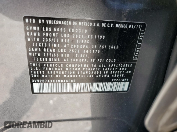 2018 Volkswagen Tiguan SEL с VIN 3VV2B7AXXJM046085, выставлен на аукционе Copart как лот 55147435 с пробегом 79 372 миль миль и Списание • Salvage title. История ставок и продаж доступна на DreamBid. Изображение 13.