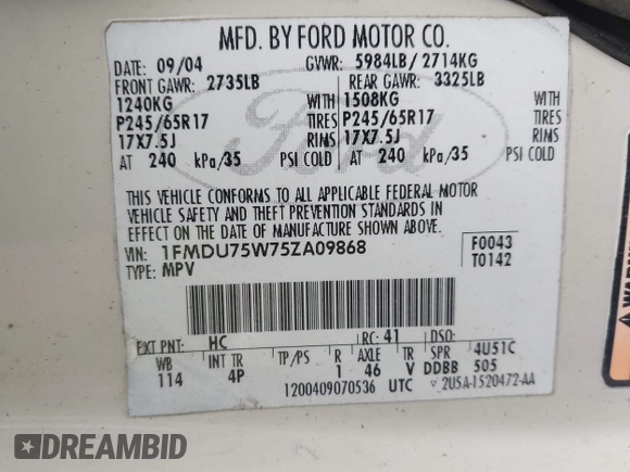 2005 Ford Explorer Limited with VIN 1FMDU75W75ZA09868, listed as a IAAI auction lot 42304705 with 213,776 mi miles and . Bid and sale history available at DreamBid. Image 9.