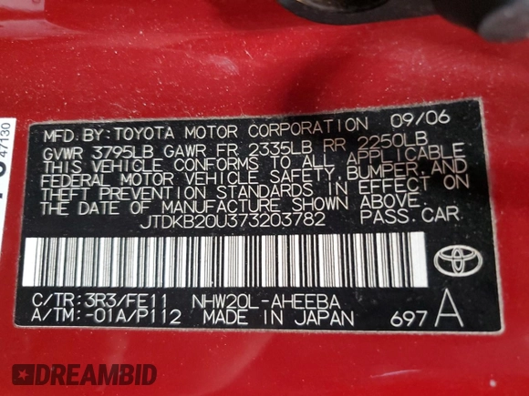 2007 Toyota Prius with VIN JTDKB20U373203782, listed as a Copart auction lot 55239645 with 169,263 mi miles and Salvage Title. Bid and sale history available at DreamBid. Image 12.