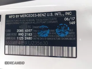 2018 Mercedes-Benz C 300 with VIN 55SWF4JB9JU235630, listed as a IAAI auction lot 42063801 with 117,855 mi miles and . Bid and sale history available at DreamBid. Image 9.