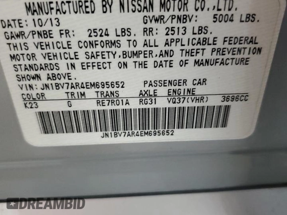 2014 Infiniti Q50 Premium с VIN JN1BV7AR4EM695652, выставлен на аукционе Copart как лот 58993595 с пробегом 94 549 миль миль и Списание • Salvage title. История ставок и продаж доступна на DreamBid. Изображение 13.