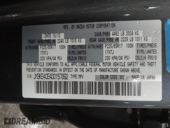 2013 Mazda CX-5 Touring with VIN JM3KE4CE4D0157892, listed as a IAAI auction lot 41684348 with 146,496 mi miles and . Bid and sale history available at DreamBid. Image 9.