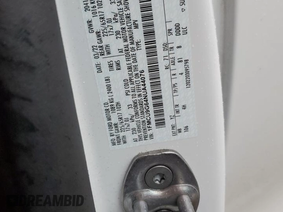2022 Ford Escape SE with VIN 1FMCU9G64NUA44076, listed as a Copart auction lot 81164444 with 75,201 mi miles and Non Repairable. Bid and sale history available at DreamBid. Image 15.