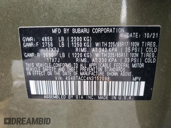 2022 Subaru Outback Premium с VIN 4S4BTACC4N3152098, выставлен на аукционе Copart как лот 44404355 с пробегом 46 994 миль миль и На запчасти • Non repairable. История ставок и продаж доступна на DreamBid. Изображение 12.