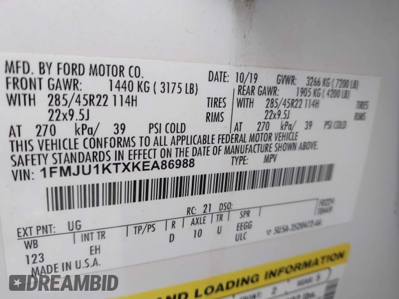 2019 Ford Expedition Limited with VIN 1FMJU1KTXKEA86988, listed as a IAAI auction lot 42169816 with 121,898 mi miles and . Bid and sale history available at DreamBid. Image 9.