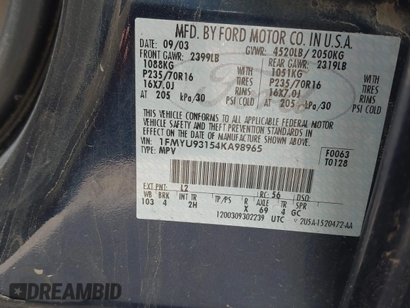 2004 Ford Escape XLT с VIN 1FMYU93154KA98965, выставлен на аукционе IAAI как лот 42630357 с пробегом Не указан миль и . История ставок и продаж доступна на DreamBid. Изображение 9.