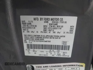 2013 Ford F-150 XL with VIN 1FTFW1EF5DKG46785, listed as a IAAI auction lot 42623845 with 197,950 mi miles and . Bid and sale history available at DreamBid. Image 9.