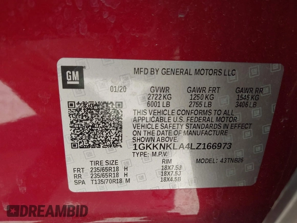 2020 GMC Acadia SLE with VIN 1GKKNKLA4LZ166973, listed as a IAAI auction lot 41776453 with 70,862 mi miles and . Bid and sale history available at DreamBid. Image 9.