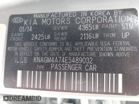 2014 Kia Optima LX with VIN KNAGM4A74E5489032, listed as a IAAI auction lot 41999733 with 83,998 mi miles. Bid and sale history available at carsss.com. Image 9.