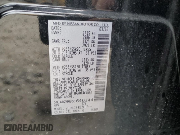 2016 Nissan Pathfinder Platinum with VIN 5N1AR2MM9GC640344, listed as a Copart auction lot 57403895 with 119,436 mi miles and Clean title. Bid and sale history available at DreamBid. Image 13.
