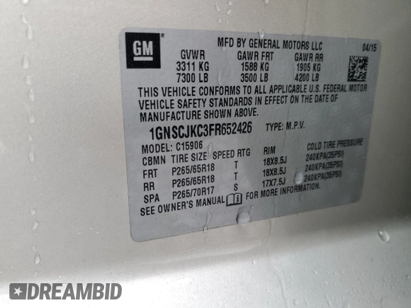 2015 Chevrolet Suburban LT z VIN 1GNSCJKC3FR652426, wystawiony jako Copart lot #60554405 z przebiegiem 200 570 mil mil oraz Szkoda całkowita • Salvage title. Historia ofert i sprzedaży dostępna na DreamBid. Obrazek 13.