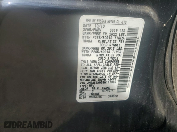 2011 Infiniti FX with VIN JN8AS1MW5BM141925, listed as a Copart auction lot 54374825 with 336,318 mi miles and Salvage title. Bid and sale history available at DreamBid. Image 12.