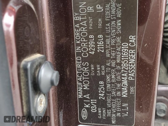 2011 Kia Optima LX z VIN KNAGM4A72B5116910, wystawiony jako Copart lot #55839845 z przebiegiem 187 943 mil mil oraz Szkoda całkowita • Salvage title. Historia ofert i sprzedaży dostępna na DreamBid. Obrazek 12.