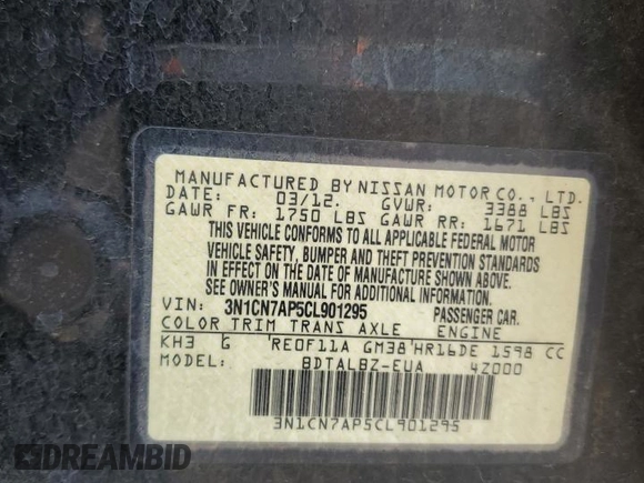 2012 Nissan Versa SV с VIN 3N1CN7AP5CL901295, выставлен на аукционе Copart как лот 59804895 с пробегом 127 426 миль миль и Списание • Salvage title. История ставок и продаж доступна на DreamBid. Изображение 12.